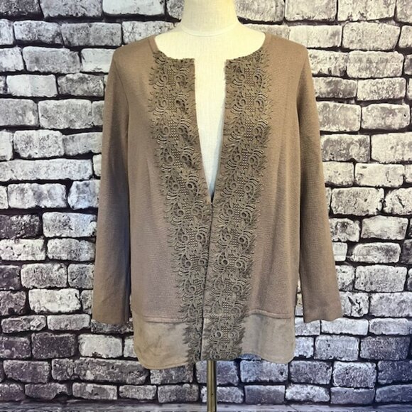 Chico's Sweaters - Chico's Taupe Long Sleeve Decorative Lace Front Jacket Size L